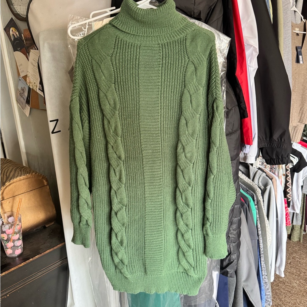 SHEIN Olive Green Cable Knit Long Sleeve Dress